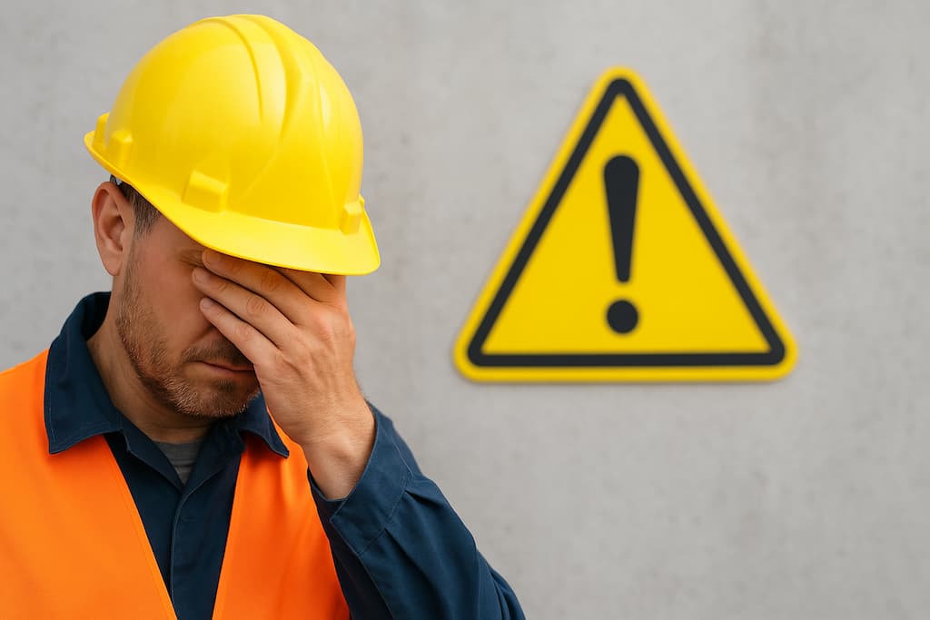 Trabajador con casco que tiene una mano en la cara 