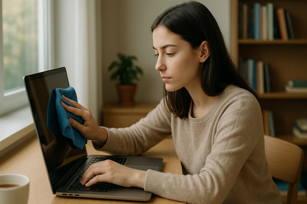 estudiante joven limpia la pantalla del portatil con un trapo