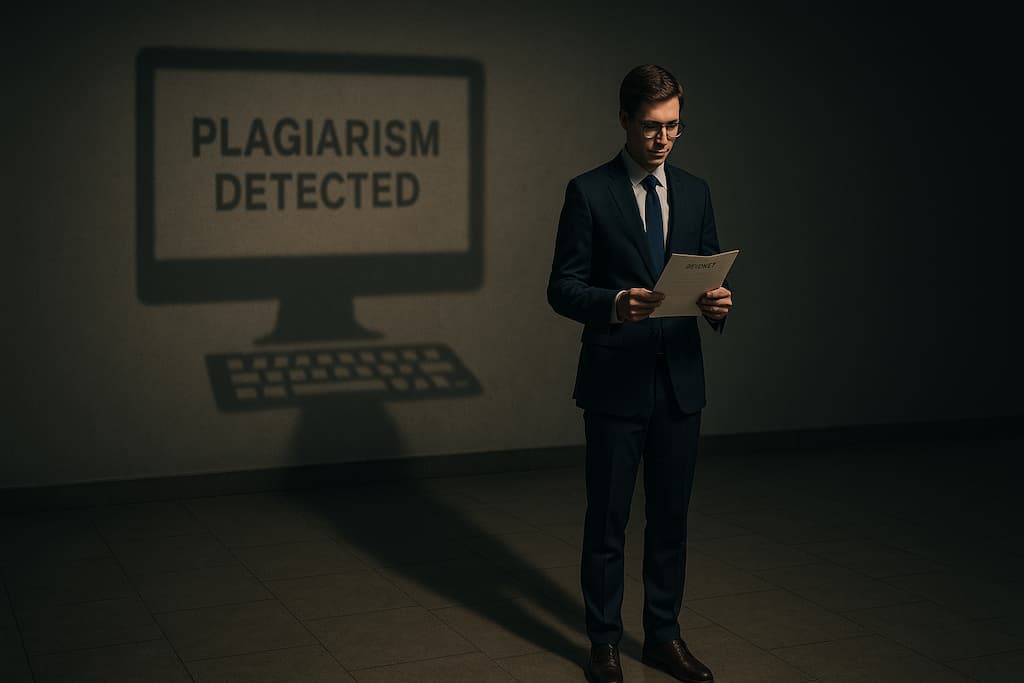 cuidado con el plagio en los trabajos persona de pie con traje triste con documento en mano