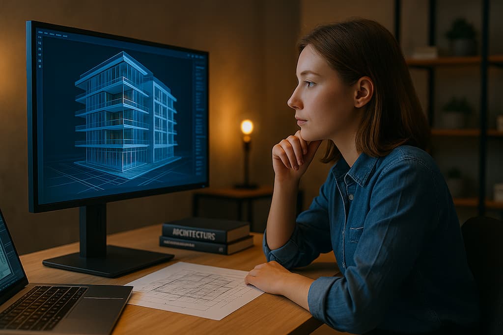 estudiante femenina estudia master BIM en su habitación 