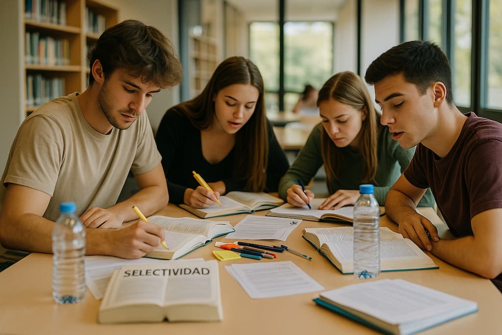 grupo de estudiantes de selectividad estudian sentados y en grupo en la biblioteca bi